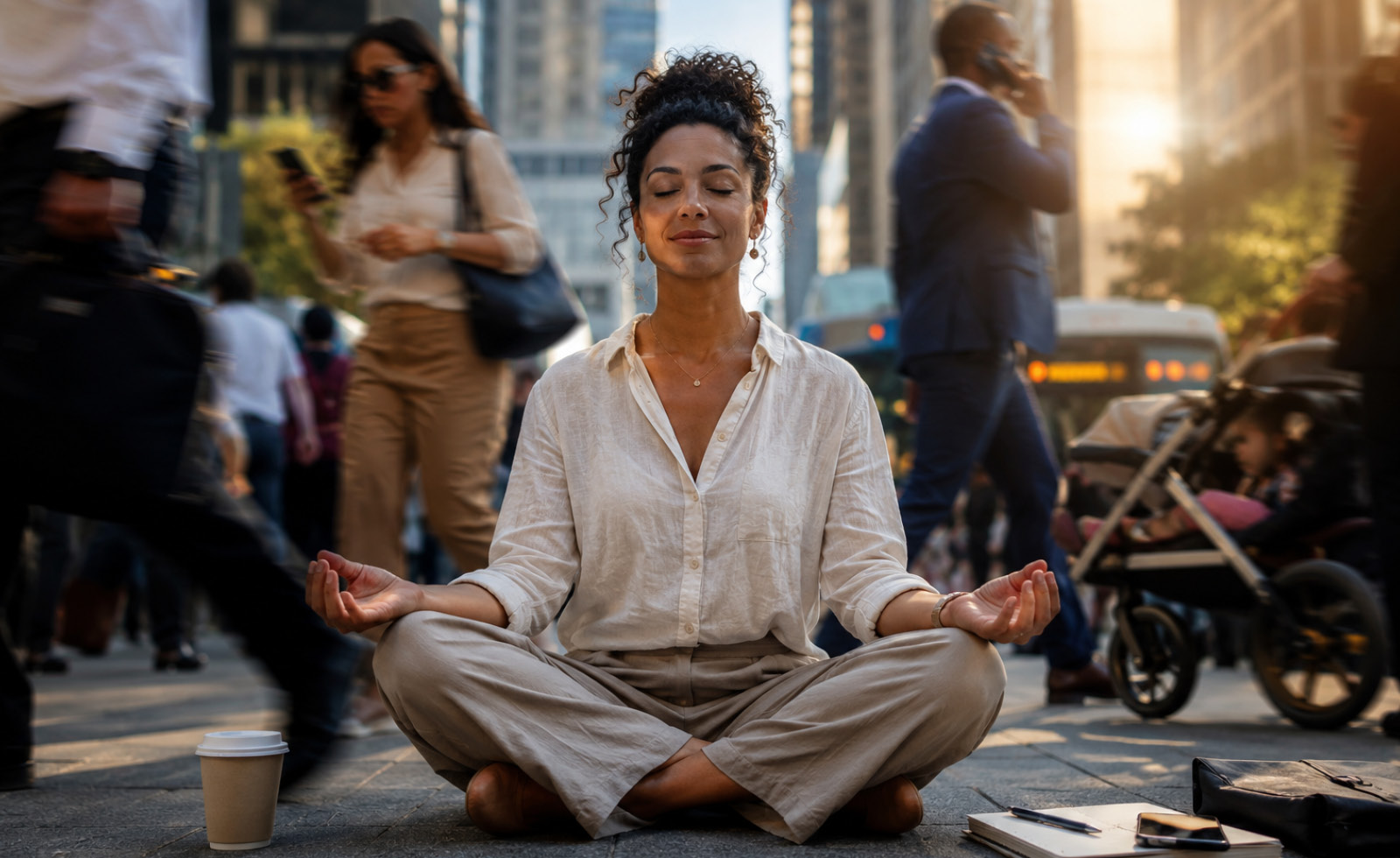 young woman meditating in crowded city street