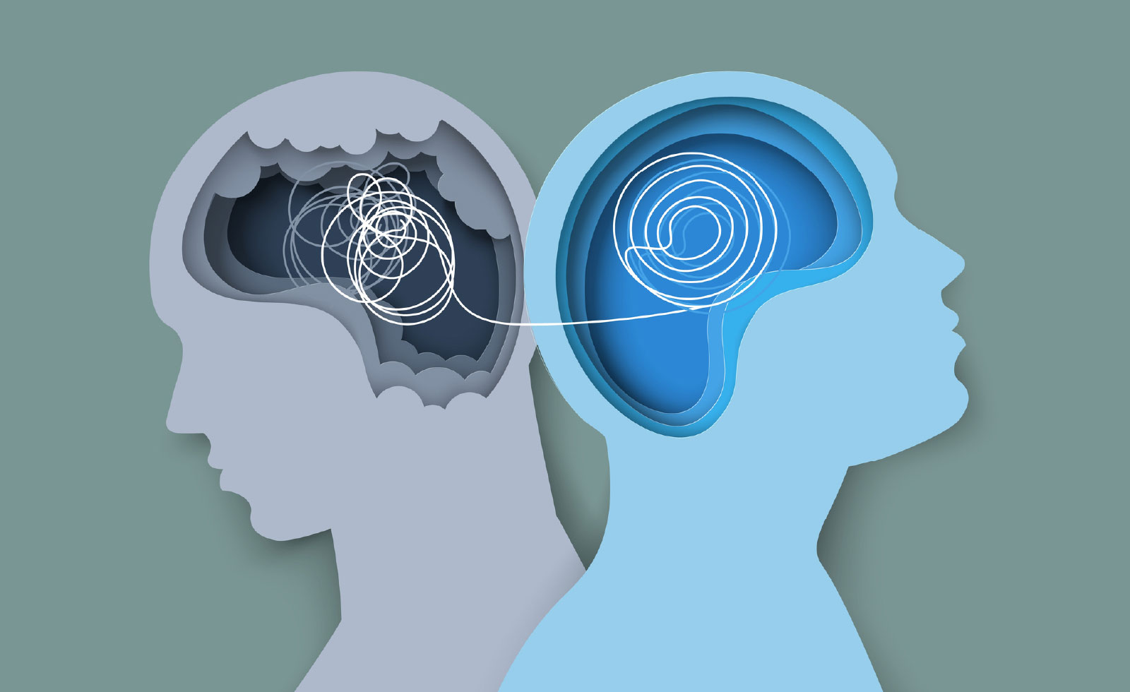 Psychological help and psycho therapy for mental health vector illustration. Two human heads silhouette paper cut design