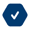 Checkmark inside of a dark blue hexagon.