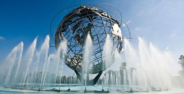 The Unisphere, also known as the Globitron, and water fountains in Flushing Meadow Corona Park, Queens, New York