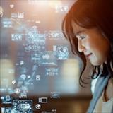 Asian woman watching hologram screens