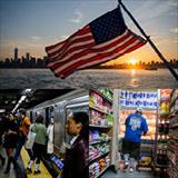 Collage of everyday American life, including public transit and shopping.