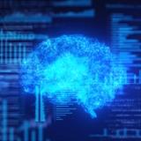 Abstract image of AI brain with binary code and analyzing data