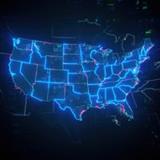 Stylized digital map of the United States with glowing state outlines.
