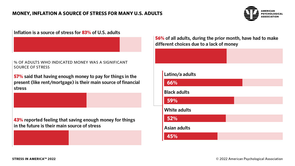 Infographic showing the percentage of adults reporting money and inflation as significant sources of stress