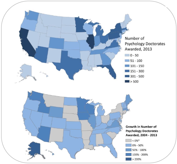 Figure 10. Number of Psychology Doctorates Awarded in 2013 by State, and Percent Growth in Number of Psychology Doctorates Awarded, 2004-2013