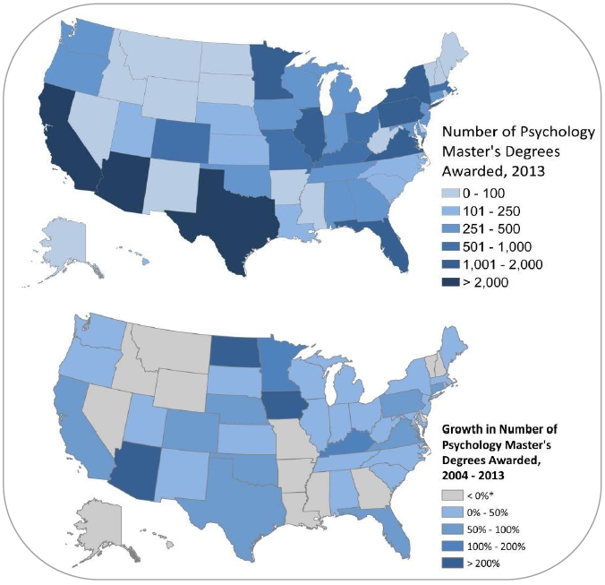 Figure 11. Number of Psychology Master’s Degrees Awarded in 2013 by State, and Percent Growth in Number of Psychology Doctorates Awarded, 2004-2013