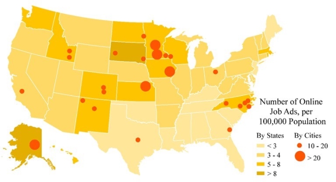 Figure 4. Distribution of Online Job Advertisements for Licensed Psychologists, per 100,000 Population, 2014