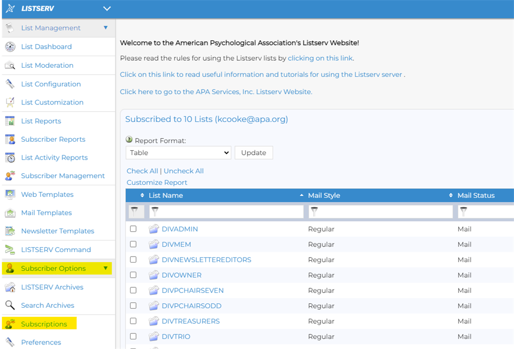 Fig. 4: Click on Subscriber Options > Subscriptions to find the listservs you are subscribed to.