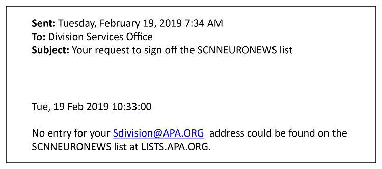 Fig. 5: Clicking on the unsubscribed link at the bottom of an email may result in a message like this if your email address does not exactly match the one subscribed to the Listserv.