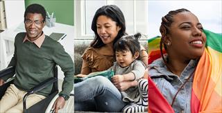 collage of Black man in wheelchair, Asian American mother and daughter, and Black woman holding a rainbow flag