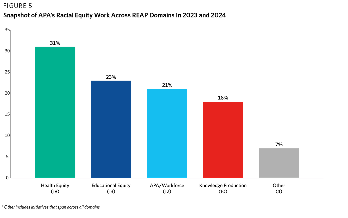 graphic showing a snapshot of APA’s racial equity work across REAP domains in 2023 and 2024