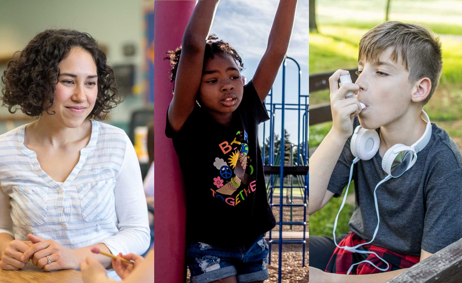 collage of teacher in classroom, girl on jungle gym, and boy with asthma inhaler