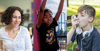 collage of teacher in classroom, girl on jungle gym, and boy with asthma inhaler