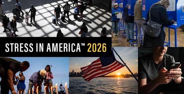 collage of images depicting people traveling, voting, using AI, and lighting candles, with text Stress in America 2026 on top