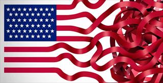 American flag with frayed ribbons instead of stripes