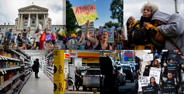 collage of images depicting protests, candlelight vigils, inflation, and economic hardship