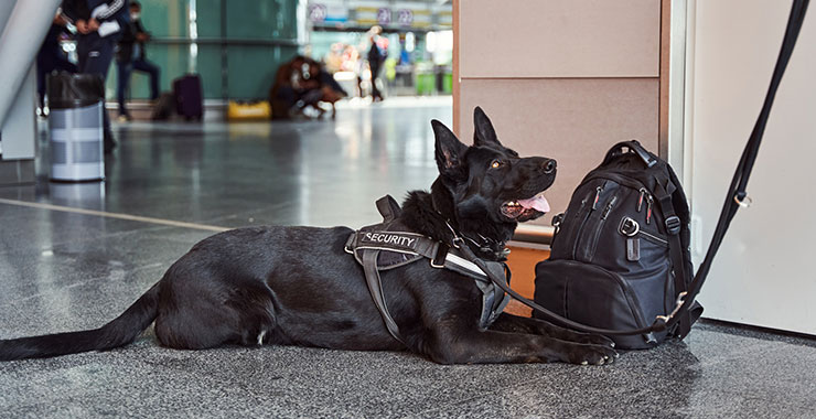 bomb-sniffing dog on duty at airport
