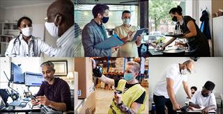 Workers in different industries such as health care, office work, and construction during the COVID-19 pandemic