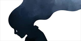 Illustrated silhouette of tearful woman with long flowing hair