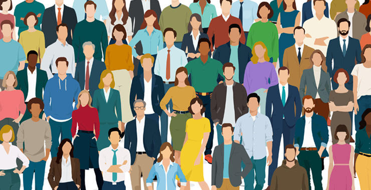 Illustrated collage of many stylized, diverse people standing together in a crowded group.