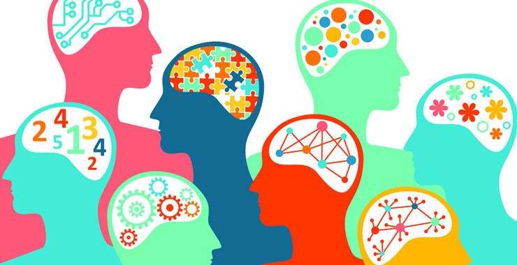 Colorful abstract silhouettes of people with illustrated brains showing symbols like puzzles, numbers, and gears.