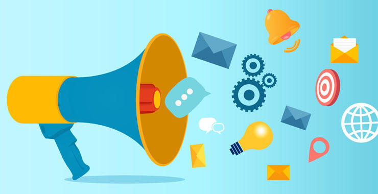 Illustration of a megaphone broadcasting marketing and communication icons, including emails, messages, gears, a lightbulb, a target, and a globe.