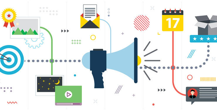 Illustration of a megaphone connected to recruitment and engagement elements, including a target, email, calendar, video, award, and communication icons.