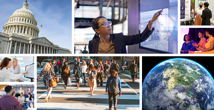 Collage of various groups of people and backgrounds