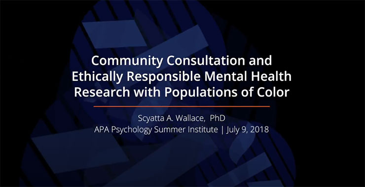 Blue background emblazoned with presentation title: “Community Consultation and Ethically Responsible Mental Health Research with Populations of Color”
