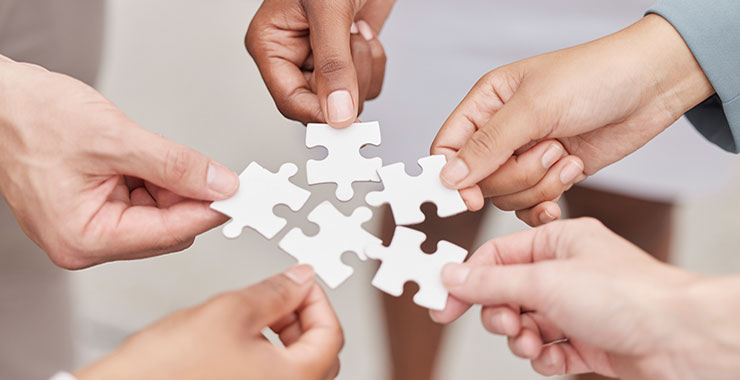 Five hands holding puzzle pieces reach towards the center.
