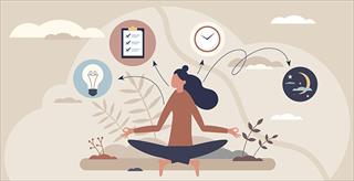 Balancing work and life with ease shows a person meditating