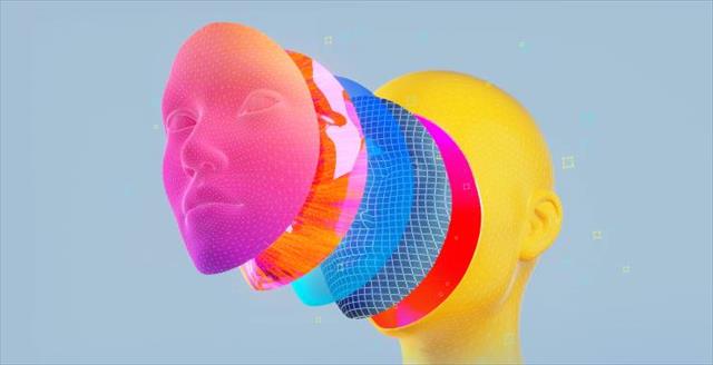 abstract head with multilayered face against light blue background