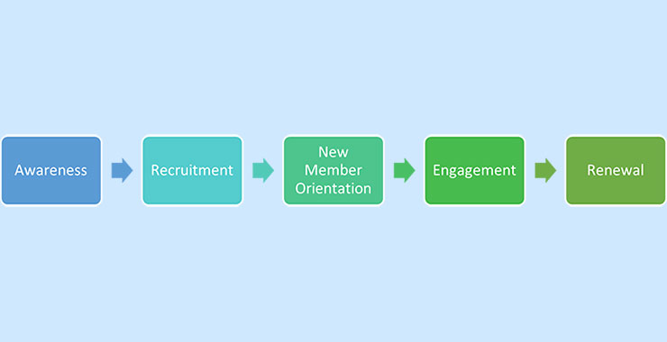 areas of the membership cycle (awareness, recruitment, new member orientation, engagement, and renewal)