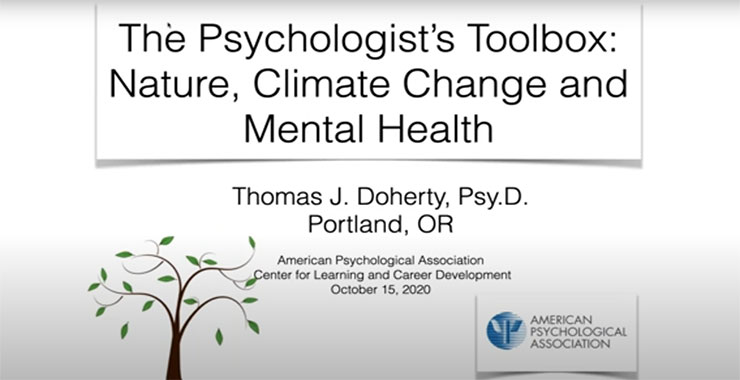 White background emblazoned with presentation title, “Nature, Climate Change and Mental Health.”