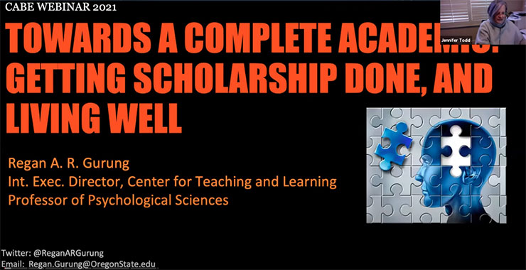 Black background emblazoned with presentation title, “Path to Promotion at 4-year Institutions: Scholarship.”