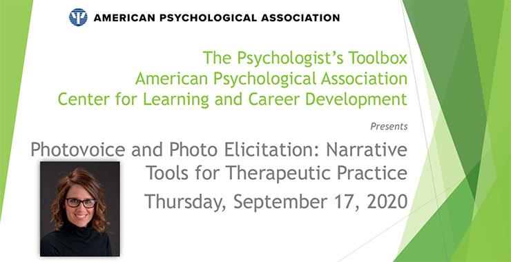White and green background emblazoned with presentation title, “Photovoice and Photo Elicitation: Narrative Tools for Therapeutic Practice.”