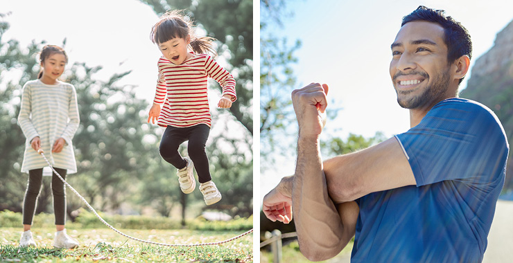 Young girls jumping rope outdoors
