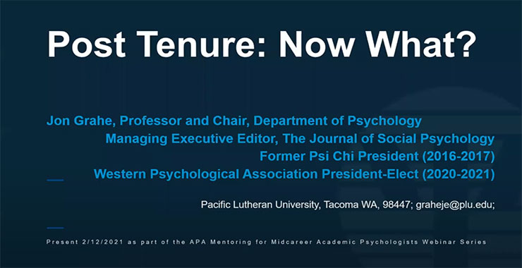 Dark blue background emblazoned with presentation title, “Post Tenure: Now What?”