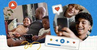 A dad sits on the couch with his kids using handheld devices, alongside an image of teens on their smartphones
