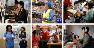 Collage of six workplace scenes showing people working in an office, warehouse, healthcare setting, restaurant kitchen, meeting space, and remote workspace.