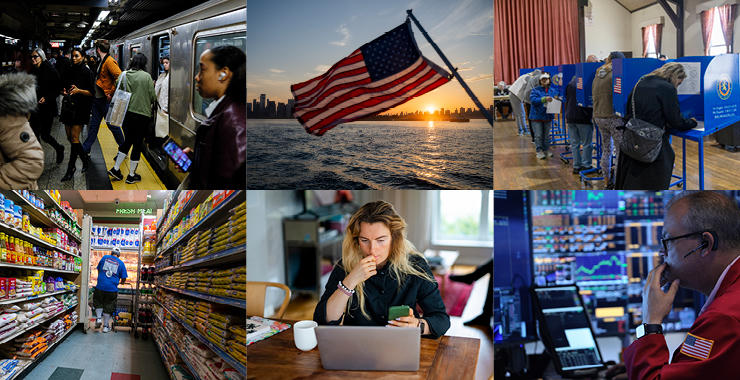 Collage of everyday American life, including public transit, shopping, voting, work, and financial markets amid economic and societal concerns.