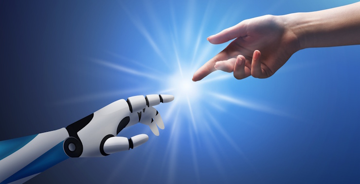 Illustration of a robotic hand reaching towards a human hand in a gesture reminiscent of "The Creation of Adam"
