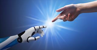 Illustration of a robotic hand reaching towards a human hand in a gesture reminiscent of 