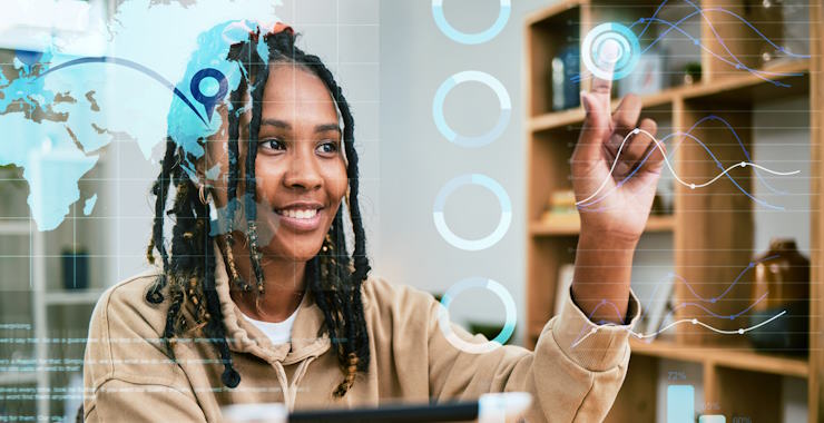 young woman using a clear touchscreen