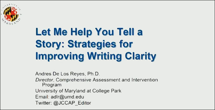 White background emblazoned with presentation title, “Strategies for Improving Writing Clarity.”