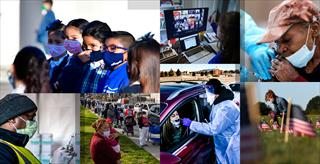 collage of people in various situations during the pandemic