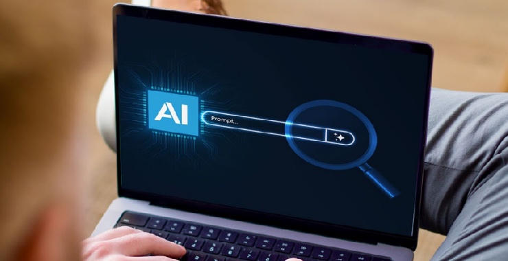 AI-powered search interface displayed on a laptop screen with a search bar and magnifying glass graphic.