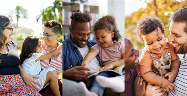 Collage of diverse families, including a lesbian couple with children, a single father with a daughter, and an interracial couple with a child.