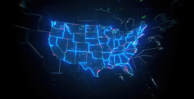 Stylized digital map of the United States with glowing state outlines.